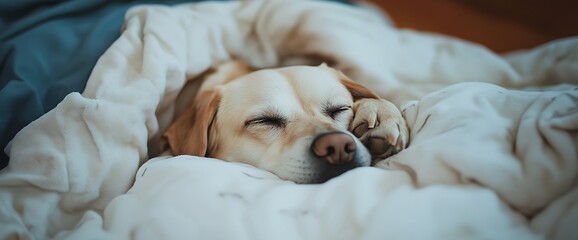 Wall Mural - A peaceful golden retriever dog sleeps soundly tucked under a white duvet.