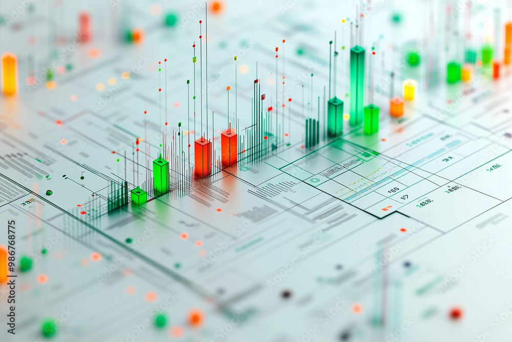 An isometric 3D rendering of financial charts, with green, red, and ...
