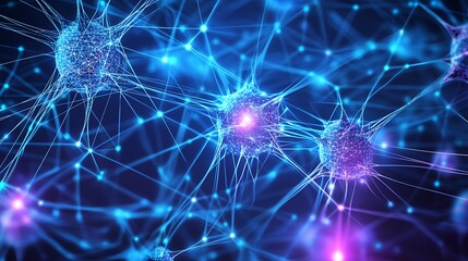 Poster - Abstract blue and pink digital illustration of interconnected neurons in a network.
