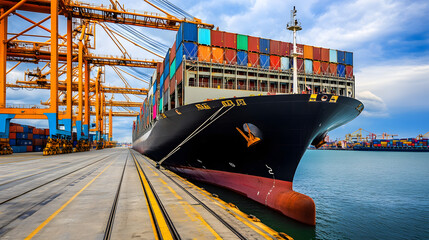 Large cargo ship docked at empty port with stacked containers and idle cranes, symbolizing port strike and industrial tension.