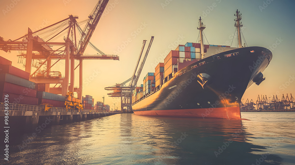 Large cargo ship docked at empty port with stacked containers and idle ...