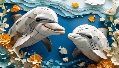 Wall Mural - Joyful dolphin swimming in the sea, featuring adorable baby animal nursery papercraft paper cut illustration