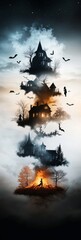  Surreal Haunted Landscape with Bats and Ghostly Houses