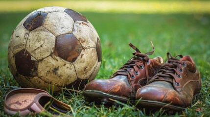 Close up shot of a worn soccer ball with orange cleats on a grass field.