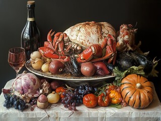 Sticker - Still Life with Crab and Wine: A Feast for the Senses