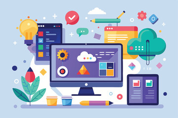 Poster - A vibrant digital workspace showcases tools and elements for customizable flat illustration creation, Customizable flat illustration software for all platforms.
