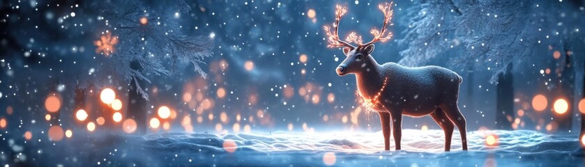 Wall Mural - A majestic deer standing in a snowy forest, illuminated by soft lights amidst falling snowflakes, evoking a serene winter ambiance.