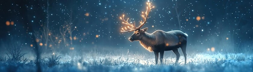Aufkleber - A majestic reindeer stands gracefully in a snowy landscape, illuminated by soft glowing lights, evoking a peaceful winter scene.