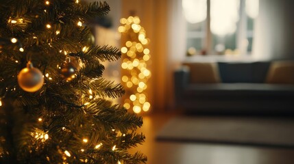 Aufkleber - Cozy living room decorated for Christmas, featuring a beautifully lit tree and warm festive ambiance.
