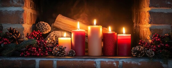 Poster - Warm and cozy scene featuring lit candles beside a fireplace, adorned with festive decorations, perfect for winter ambiance.