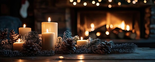 Poster - Warm candles and cozy ambiance by the fireplace create a serene holiday atmosphere, perfect for winter celebrations.