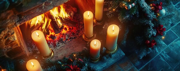 Poster - A cozy holiday scene featuring glowing candles by a warm fireplace, adorned with festive decorations for a serene atmosphere.