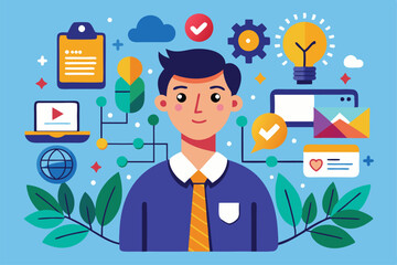 Poster - A young professional engages with various digital tools and symbols to showcase an innovative workspace, Customizable flat illustration to assist your partner.