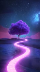 Glowing Path Through Night Sky With Purple Tree