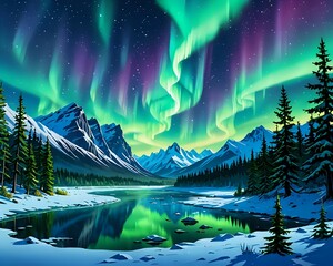 Aurora borealis over the frosty forest. Green northern lights above mountains. Night nature landscape with polar lights. Night winter landscape with aurora. Creative image in winter holiday concept