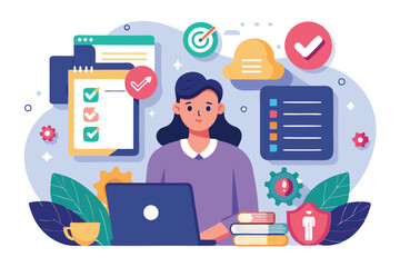 Poster - a woman is focused on her laptop, surrounded by productivity icons, notes, and gear graphics in a wo