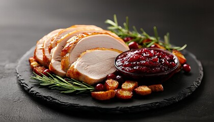 Wall Mural - Close-up of juicy, carved turkey slices with cranberry sauce and roasted vegetables, Thanksgiving recipe, food photography