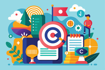 Poster - the illustration shows colorful objects like charts and flags symbolizing goal setting and planning,