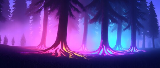 Neon Forest Trees with Blue and Purple Glow