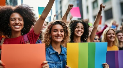 Group of activists from varied backgrounds rallying for equality and justice, holding signs that promote advocacy and inclusion