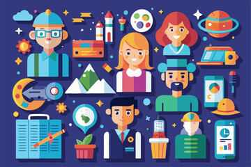 Poster - A colorful collection showcases various characters engaging in creative activities against a bright backdrop, Customizable flat illustrations collection.