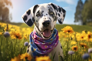 A playful Dalmatian puppy wearing a colorful Easter egg-patterned bandana, sitting in a grassy field with a backdrop of blooming spring flowers