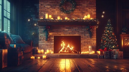 Poster - A cozy holiday scene with a warm fireplace, candles, and a decorated Christmas tree, perfect for festive decor inspiration.
