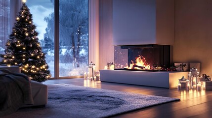Poster - Cozy winter scene featuring a decorated Christmas tree and a warm fireplace, perfect for holiday ambiance and relaxation.