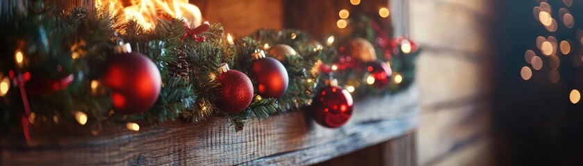 Aufkleber - A cozy holiday scene featuring festive decorations, twinkling lights, and red ornaments around a fireplace for Christmas spirit.