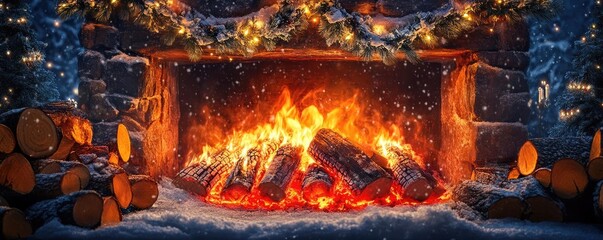 Aufkleber - A cozy fireplace with glowing logs, surrounded by festive lights and a winter ambiance, perfect for holiday warmth.