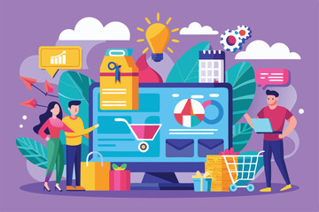 Poster - Two characters interact with a large screen displaying ecommerce graphics and shopping activities, Customizable flat illustrations for ecommerce campaign.