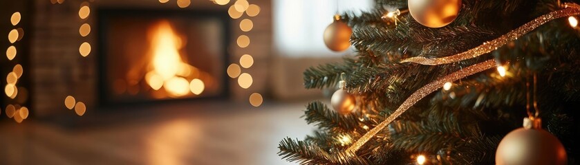 Aufkleber - A cozy Christmas scene featuring a beautifully decorated tree and a warm fireplace glowing with light, evoking festive cheer.