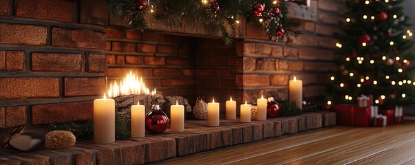 Aufkleber - A cozy Christmas scene featuring a lit fireplace adorned with candles and a beautifully decorated tree.
