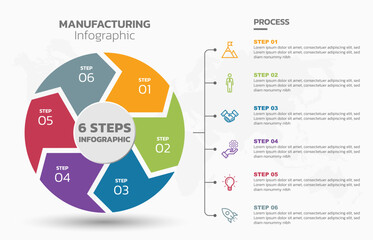 Poster - Visual data presentation. Cycle diagram with 6 options. Pie Chart Circle infographic template with 6 steps, options, parts, segments. Business concept. Editable pie chart with sectors. Single layer.