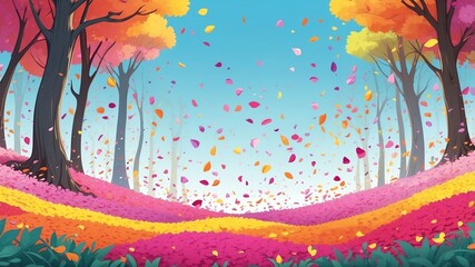 Wall Mural - Colorful Petals Falling from Trees Cartoon Background Design