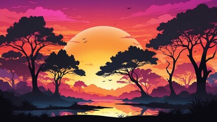 Colorful Sunset with Silhouetted Trees Cartoon Background Design