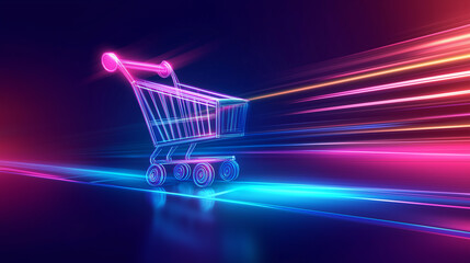 Poster - Neon shopping cart speeding through digital space with motion blur