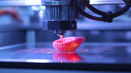 Aufkleber - Automatic 3d printer printing red plastic object at modern factory