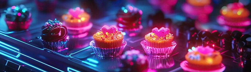 Colorful cupcakes with vibrant decorations, glowing under neon lights, ideal for food, dessert, and party themes.