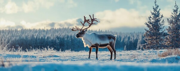 Poster - A majestic reindeer stands amidst a serene winter landscape, surrounded by snow and trees under a clear blue sky.