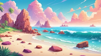 Dreamy Beach with Colorful Rocks Cartoon Background Design