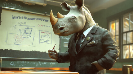 Poster - Serious rhinoceros professor wearing suit holding pen by blackboard in classroom