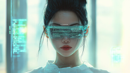 Leinwandbilder - Young woman wearing futuristic glasses with augmented reality display