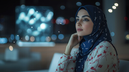 Poster - Young muslim businesswoman wearing hijab thinking in modern office at night