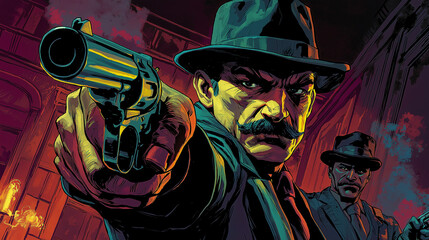 two gangsters are pointing guns in a dark alley