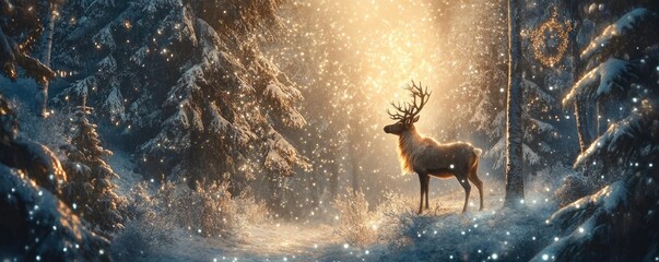 Poster - A majestic deer stands in a snowy forest, illuminated by soft golden light, creating a serene and magical winter atmosphere.
