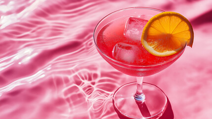 Poster - Red cocktail standing by the swimming pool on sunny summer day