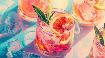 Poster - Refreshing summer cocktails with citrus fruit and mint garnishing on tabletop