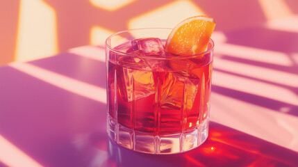 Poster - Negroni cocktail standing on table with sunlight shining through blinds creating colorful shadows