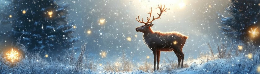 Poster - A majestic deer stands in a snowy landscape, surrounded by twinkling lights and gentle snowfall, evoking a serene winter atmosphere.
